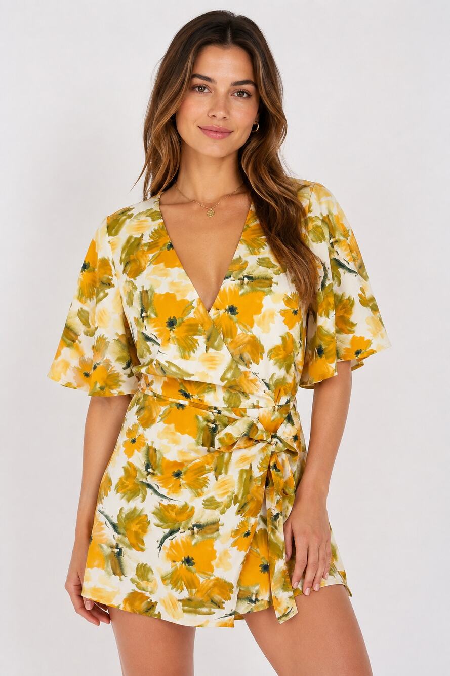 Mika & Gala Floral V Neck Wrap Front Romper Playsuit Yellow Womens Size XS New